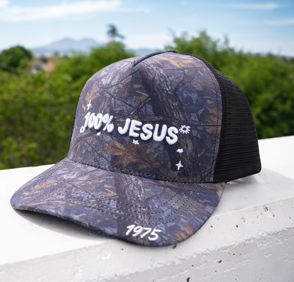 Dark Camo 100% Jesus Trucker Hat Snapback